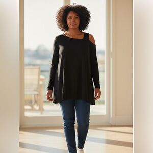 Chic Black Cold-Shoulder Tunic Top – Asymmetrical Neckline SZ 2XX